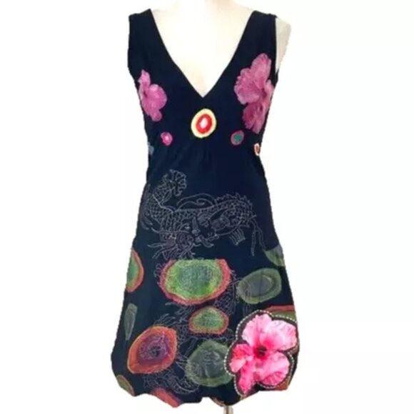 SOLD! DESIGUAL Swing Dress V-neck Floral Rio Flowers Dragons Print Embroidery M - Picture 6 of 13